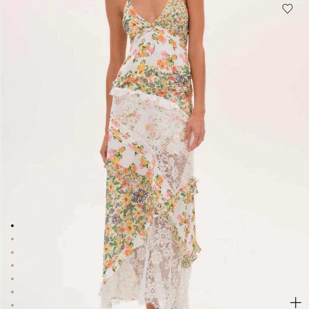 For Love And Lemons White Floral Lace Slip Dress with Yellow and Green Print